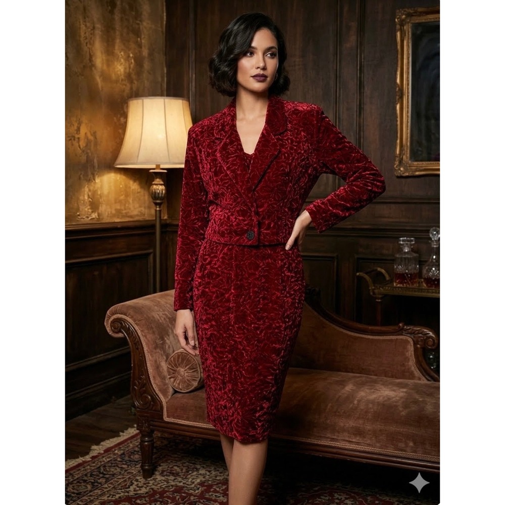 Vintage 90sRuby Red Crushed Velvet Skirt Suit Set Cropped Blazer Sheath Dress